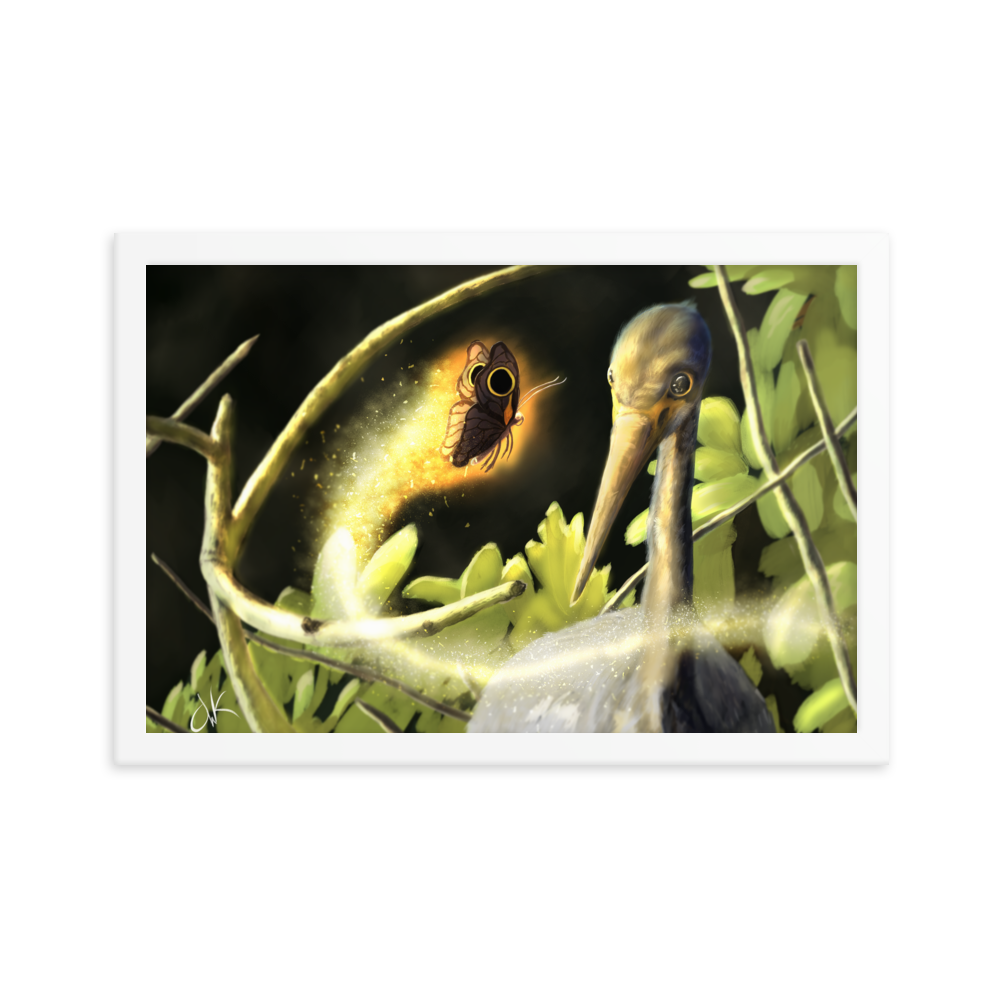 This print of a digital painting is the first image in an ongoing series where animals meet special glowing insects face to face. In this particular encounter, a tricolor crane meets a luminescent butterfly. This digital wildlife animal painting print design is printed on matte paper and comes as framed wall art for display.