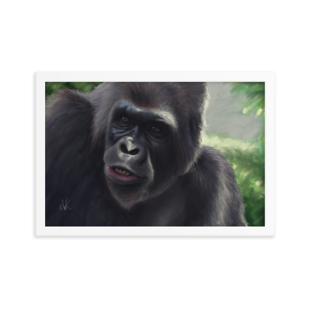 This print showcases a digital painting of my favorite animal, the gorilla. Their human-like qualities make me feel lots of empathy and wonder toward them. They are fascinatingly smart while also full of strength. This digital wildlife animal painting print design is printed on matte paper and comes as framed wall art for display. These apes have long facial hair and powerful jaws along with cute and sympathetic eyes. This print comes framed on matte paper ready to be displayed.