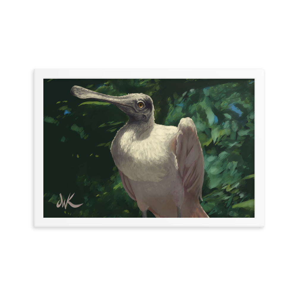 A curiously odd and funny creature, the spoonbill is definitely a sight to see. This is a print of one of my digital paintings capturing the essence of the bird whose name is so fitting. This digital wildlife animal painting print design is printed on matte paper and comes as framed wall art for display.