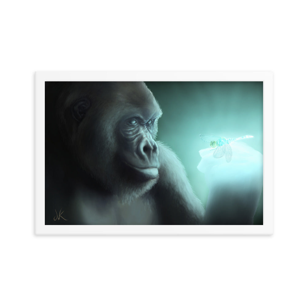 This digital wildlife animal painting print design is of a gorilla encountering a glowing dragonfly. This painting is the second piece of a whimsical series of wildlife art where animals come face to face with mysterious luminous insects. These apes have long facial hair and powerful jaws along with cute and sympathetic eyes. This particular painting design of animal wall art comes as framed matte paper prints ready to be displayed.