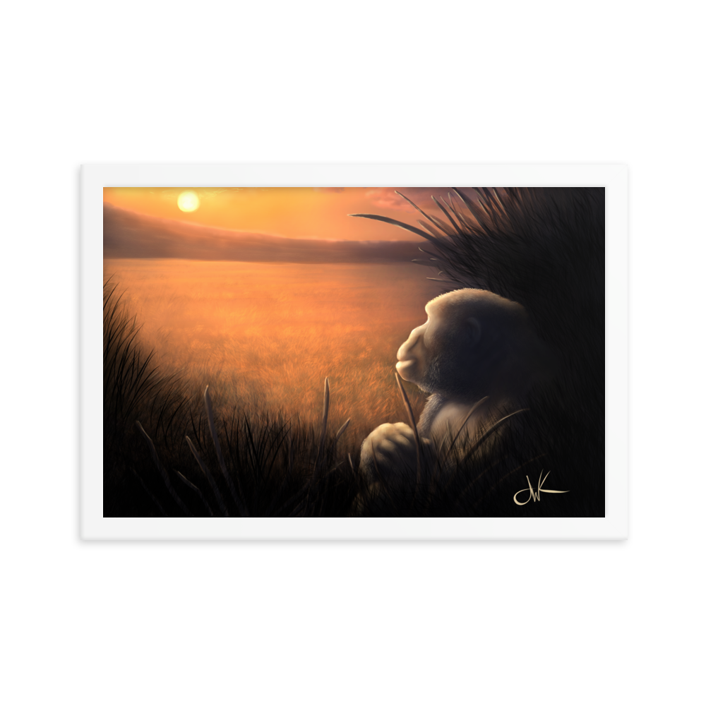 This print of a digital painting was one I worked on over a few livestreams. There’s something about animals in connection with sunrises and sunsets that I feel evokes strong emotions, especially when paired with my favorite animal, a gorilla. These apes have long facial hair and powerful jaws along with cute and sympathetic eyes. This wildlife animal wall art comes framed on matte paper ready to be displayed.