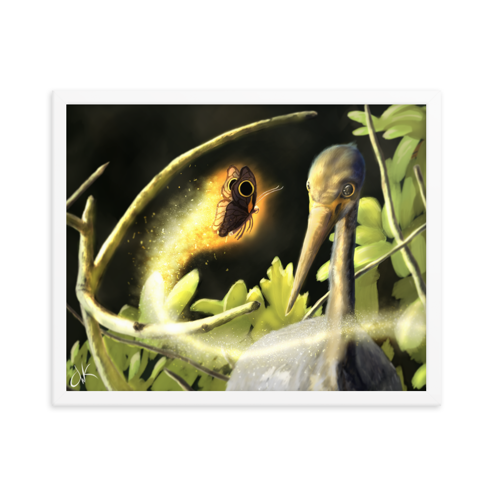 This print of a digital painting is the first image in an ongoing series where animals meet special glowing insects face to face. In this particular encounter, a tricolor crane meets a luminescent butterfly. This digital wildlife animal painting print design is printed on matte paper and comes as framed wall art for display.