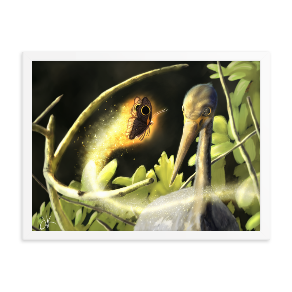 This print of a digital painting is the first image in an ongoing series where animals meet special glowing insects face to face. In this particular encounter, a tricolor crane meets a luminescent butterfly. This digital wildlife animal painting print design is printed on matte paper and comes as framed wall art for display.