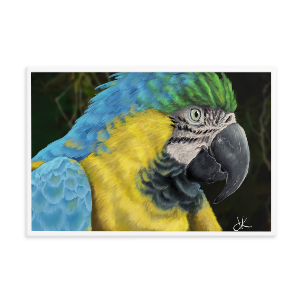 Macaws are such beautiful birds that I had to paint one. I especially love its beautiful vibrant colors in this digital painting. This digital wildlife animal painting print design is printed on matte paper and comes as framed wall art for display.