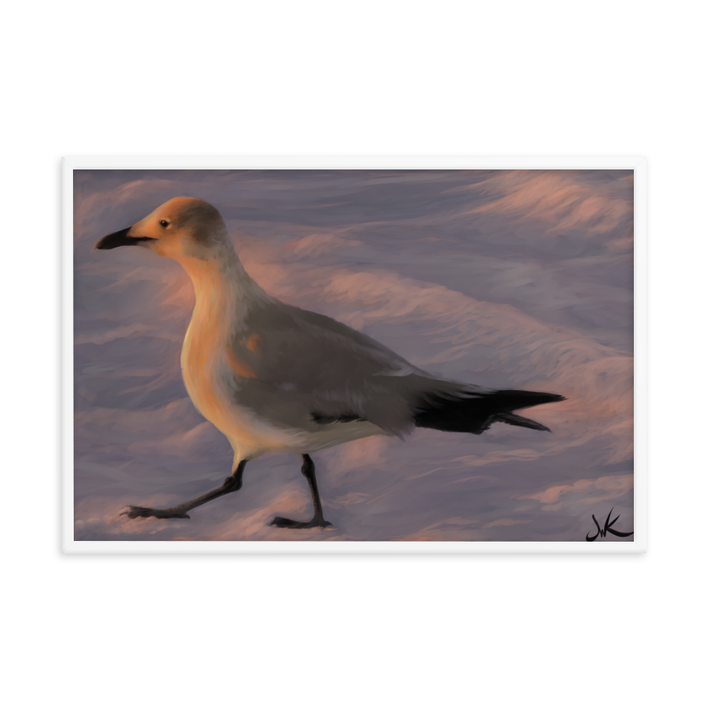 Have you ever been captured by the beauty of a Florida sunset? I was when I painted this digital piece depicting a young laughing gull walking toward the warm glow of the sun as it kissed the ocean “good night.” This digital wildlife animal painting print design is printed on matte paper and comes as framed wall art for display.