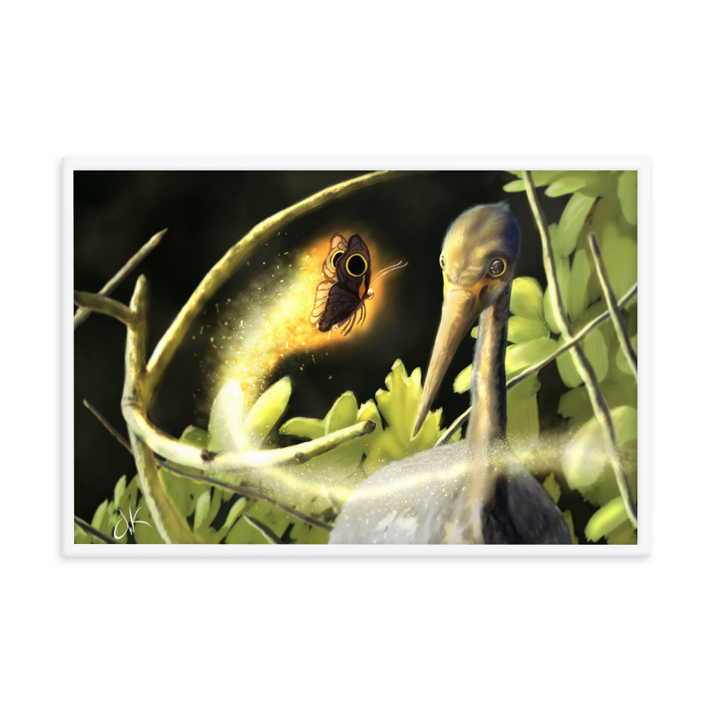 This print of a digital painting is the first image in an ongoing series where animals meet special glowing insects face to face. In this particular encounter, a tricolor crane meets a luminescent butterfly. This digital wildlife animal painting print design is printed on matte paper and comes as framed wall art for display.