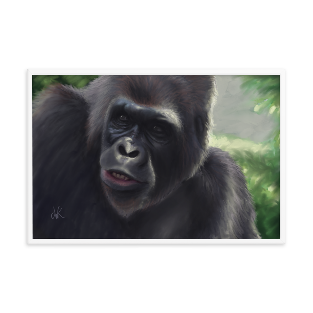 This print showcases a digital painting of my favorite animal, the gorilla. Their human-like qualities make me feel lots of empathy and wonder toward them. They are fascinatingly smart while also full of strength. This digital wildlife animal painting print design is printed on matte paper and comes as framed wall art for display. These apes have long facial hair and powerful jaws along with cute and sympathetic eyes. This print comes framed on matte paper ready to be displayed.