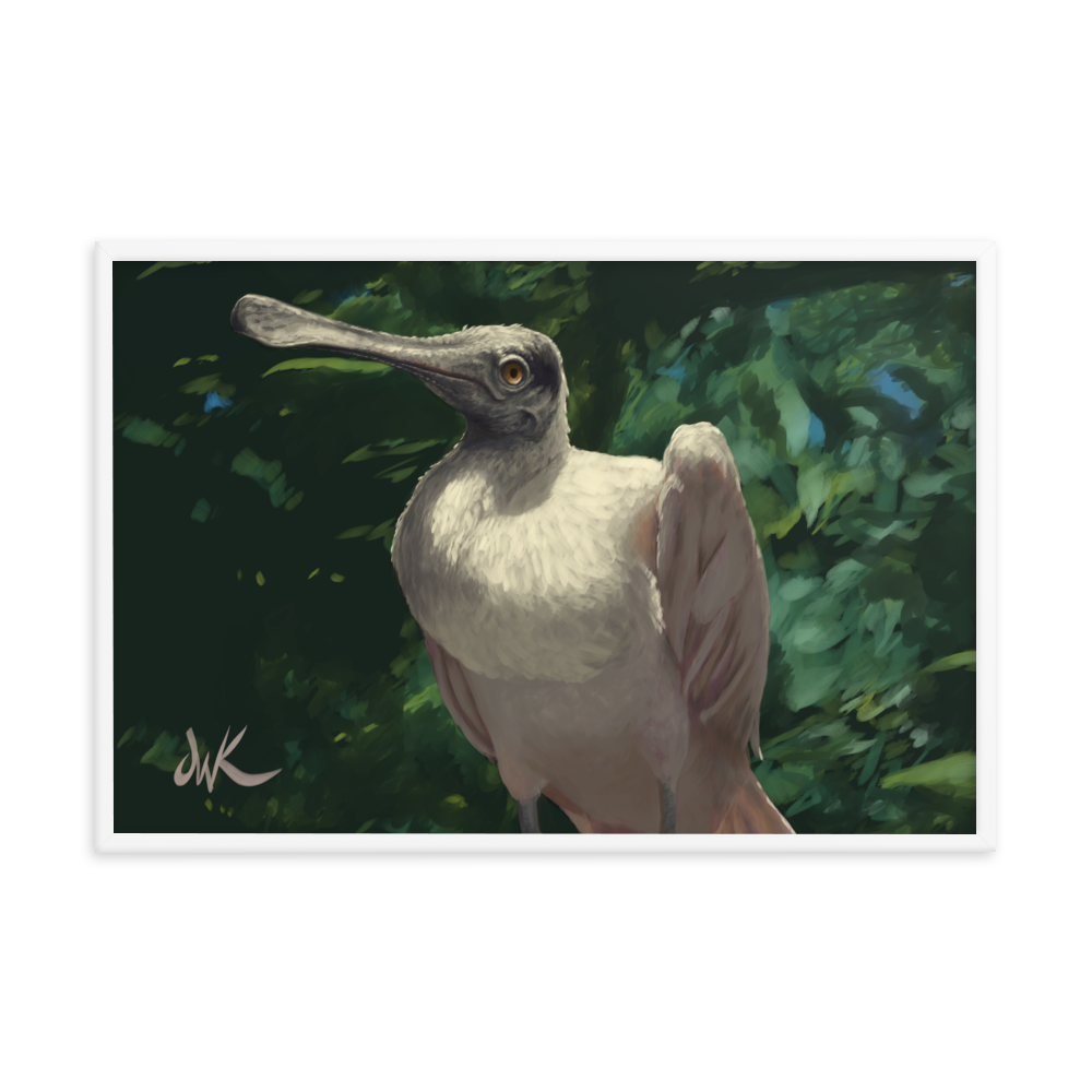 A curiously odd and funny creature, the spoonbill is definitely a sight to see. This is a print of one of my digital paintings capturing the essence of the bird whose name is so fitting. This digital wildlife animal painting print design is printed on matte paper and comes as framed wall art for display.