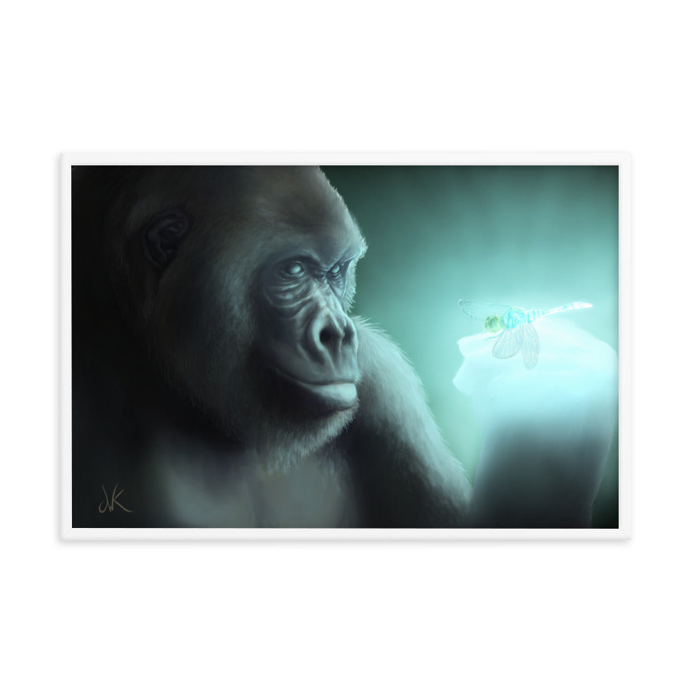 This digital wildlife animal painting print design is of a gorilla encountering a glowing dragonfly. This painting is the second piece of a whimsical series of wildlife art where animals come face to face with mysterious luminous insects. These apes have long facial hair and powerful jaws along with cute and sympathetic eyes. This particular painting design of animal wall art comes as framed matte paper prints ready to be displayed.