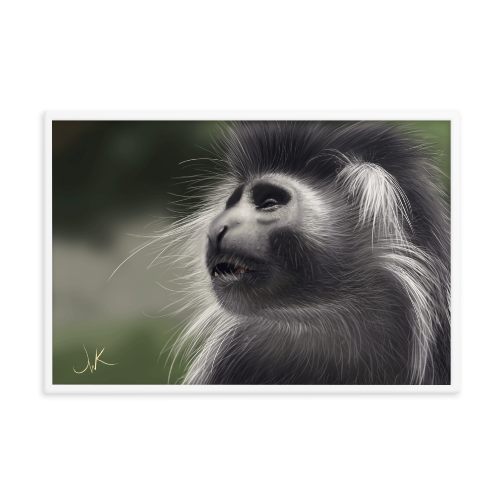 This is a print of a digital painting featuring an Angolan Colobus Monkey. This long-haired monkey can be found in the Congo and Angola. These cute monkeys have long facial hair and slanted noses along with cute and sympathetic eyes. This design comes framed and printed on matte paper and is ready to be displayed.