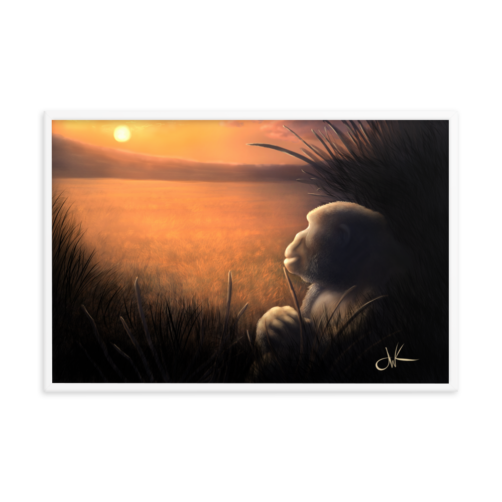 This print of a digital painting was one I worked on over a few livestreams. There’s something about animals in connection with sunrises and sunsets that I feel evokes strong emotions, especially when paired with my favorite animal, a gorilla. These apes have long facial hair and powerful jaws along with cute and sympathetic eyes. This wildlife animal wall art comes framed on matte paper ready to be displayed.