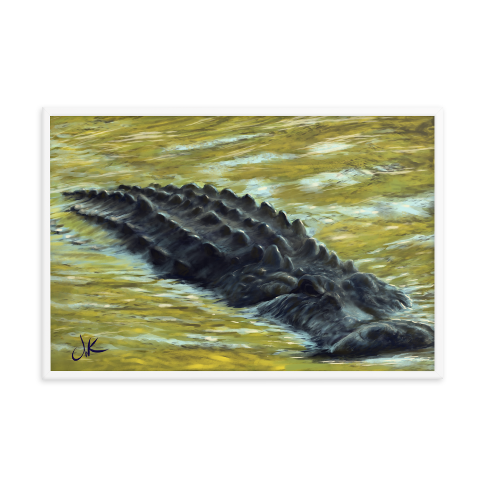 Inspired by the numerous inhabitants of my state, Florida, this print of a digital painting showcases a gator as it floats through the reflective water of an afternoon in the fall when all the leaves are changing color. These reptiles have long snouts and powerful jaws along with dark chilling eyes. This framed matte paper print wall art comes ready to be displayed.