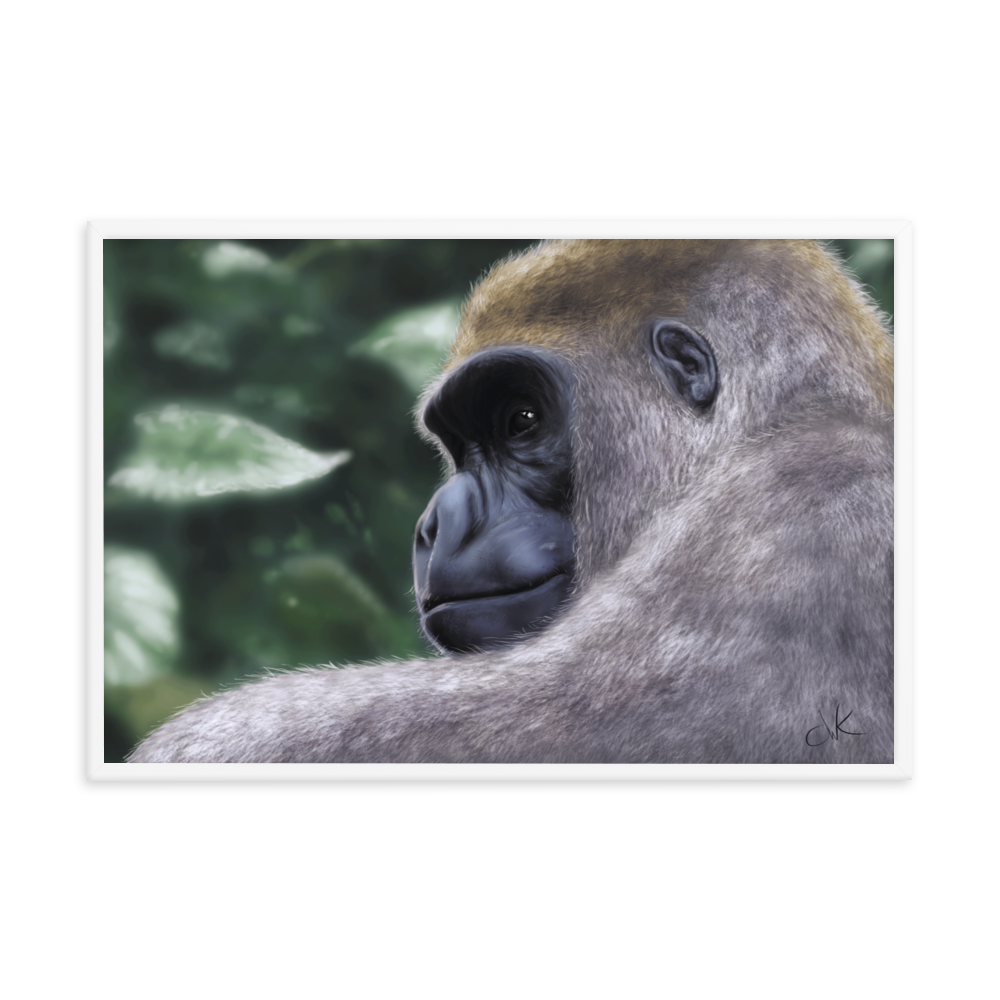 This is a print of a revised digital painting where I started over from scratch. The result is a more realistic gorilla with a pensive gaze.&nbsp;Their human-like qualities make me feel lots of empathy and wonder toward them. They are fascinatingly smart while also full of strength. This digital wildlife animal painting print design is printed on matte paper and comes as framed wall art for display.