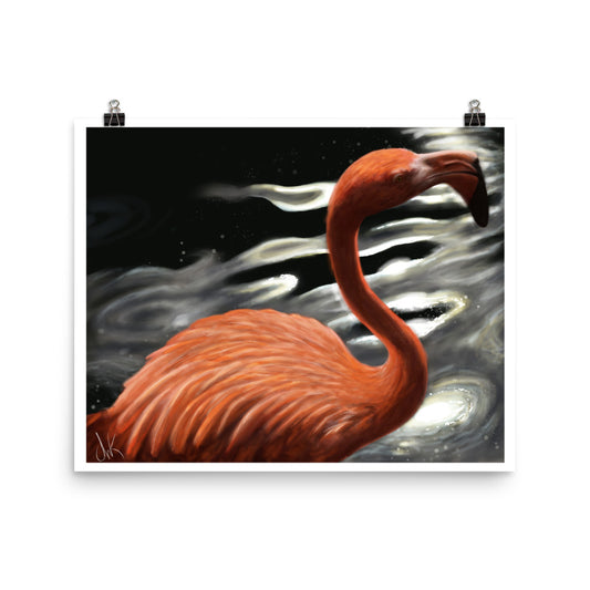 This digital painting of a flamingo was lots of fun to paint. It was an opportunity to showcase vibrant colors and light in direct contrast to deep dark shadows. Birds are some of my favorite animals to paint. This digital wildlife animal painting print design is printed on matte paper and comes as rolled wall art ready to be framed and displayed.