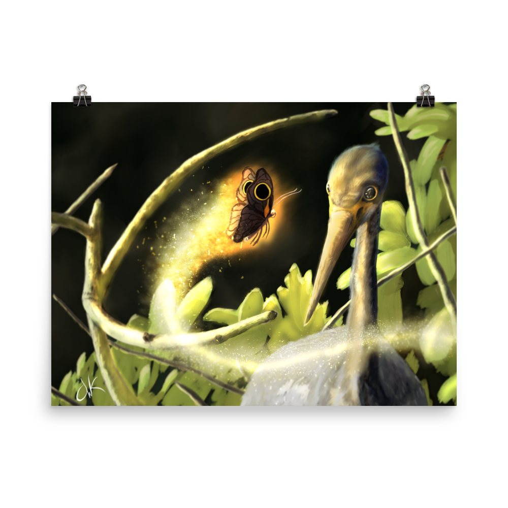 This print of a digital painting is the first image in an ongoing series where animals meet special glowing insects face to face. In this particular encounter, a tricolor crane meets a luminescent butterfly. This digital wildlife animal painting print design is printed on matte paper and comes rolled and ready to be framed and displayed.