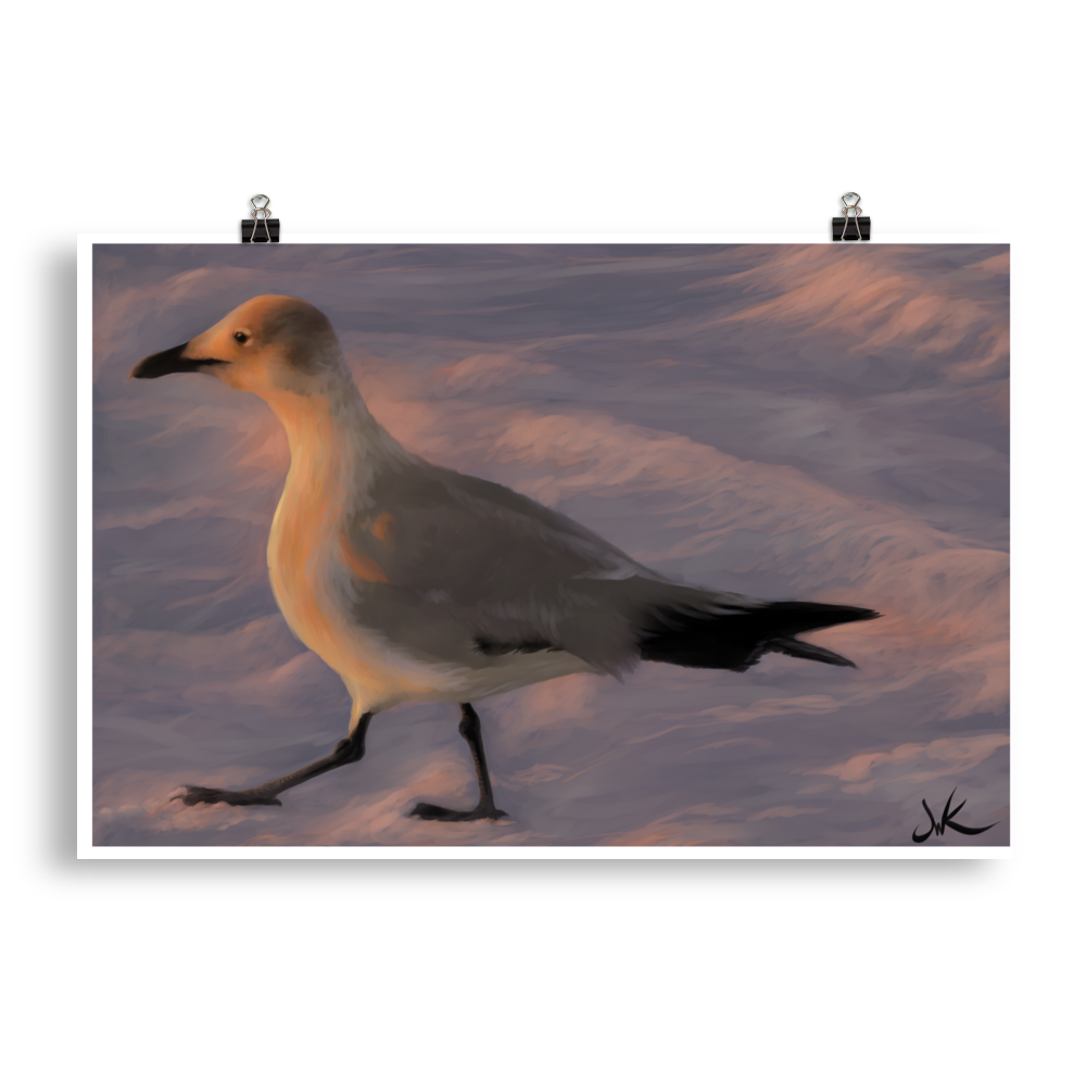 Have you ever been captured by the beauty of a Florida sunset? I was when I painted this digital piece depicting a young laughing gull walking toward the warm glow of the sun as it kissed the ocean “good night.” This digital wildlife animal painting print design is printed on matte paper and comes rolled and ready to be framed and displayed.