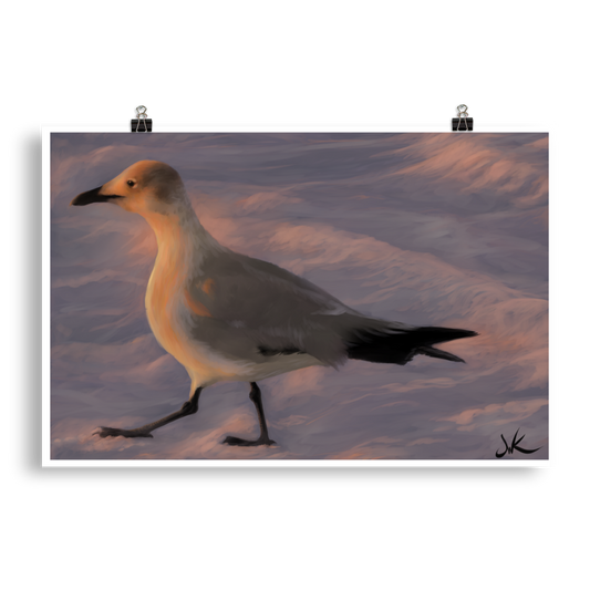 Have you ever been captured by the beauty of a Florida sunset? I was when I painted this digital piece depicting a young laughing gull walking toward the warm glow of the sun as it kissed the ocean “good night.” This digital wildlife animal painting print design is printed on matte paper and comes rolled and ready to be framed and displayed.