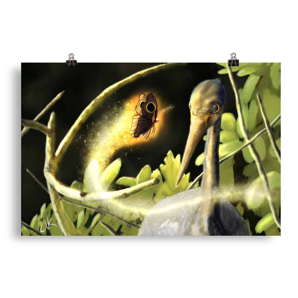 This print of a digital painting is the first image in an ongoing series where animals meet special glowing insects face to face. In this particular encounter, a tricolor crane meets a luminescent butterfly. This digital wildlife animal painting print design is printed on matte paper and comes rolled and ready to be framed and displayed.