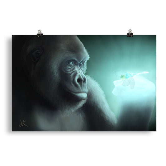 This digital wildlife animal painting print design is of a gorilla encountering a glowing dragonfly. This painting is the second piece of a whimsical series of wildlife art where animals come face to face with mysterious luminous insects. These apes have long facial hair and powerful jaws along with cute and sympathetic eyes. This particular painting design of animal wall art comes as rolled matte paper prints ready to be framed and displayed.