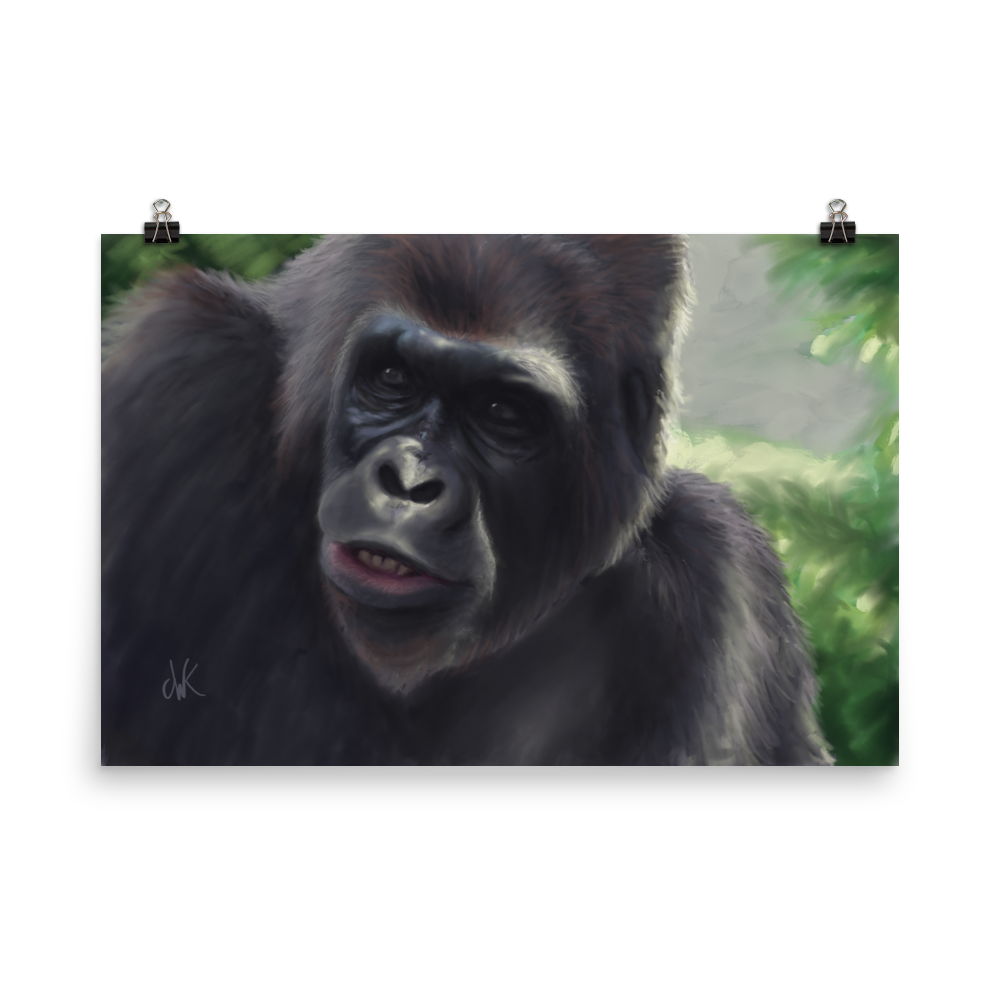 This print showcases a digital painting of my favorite animal, the gorilla. Their human-like qualities make me feel lots of empathy and wonder toward them. They are fascinatingly smart while also full of strength. This digital wildlife animal painting print design is printed on matte paper and comes as framed wall art for display. These apes have long facial hair and powerful jaws along with cute and sympathetic eyes. This print comes rolled on matte paper ready to be framed and displayed.