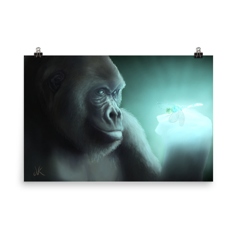 This digital wildlife animal painting print design is of a gorilla encountering a glowing dragonfly. This painting is the second piece of a whimsical series of wildlife art where animals come face to face with mysterious luminous insects. These apes have long facial hair and powerful jaws along with cute and sympathetic eyes. This particular painting design of animal wall art comes as rolled matte paper prints ready to be framed and displayed.