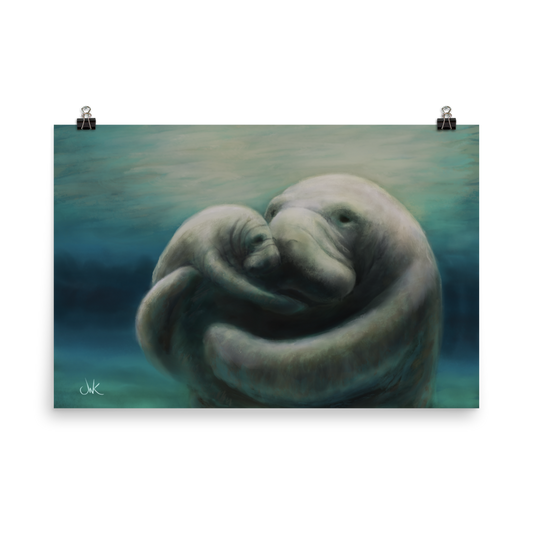 In this print of a digital painting, I tried to capture my love for manatees by showcasing a mother and her calf snuggling. Manatees are natural inhabitants of my state, Florida, especially during the winter months when the warmth of the springs draws them in. This digital wildlife animal painting design is printed on matte paper and comes rolled and ready to be framed for display.