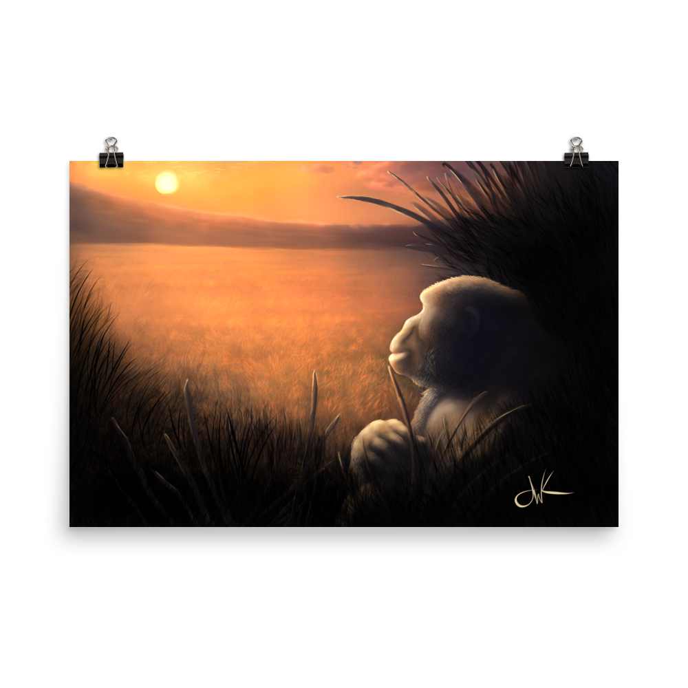 This print of a digital painting was one I worked on over a few livestreams. There’s something about animals in connection with sunrises and sunsets that I feel evokes strong emotions, especially when paired with my favorite animal, a gorilla. These apes have long facial hair and powerful jaws along with cute and sympathetic eyes. This wildlife animal wall art comes on rolled matte paper and is ready to be framed and displayed.