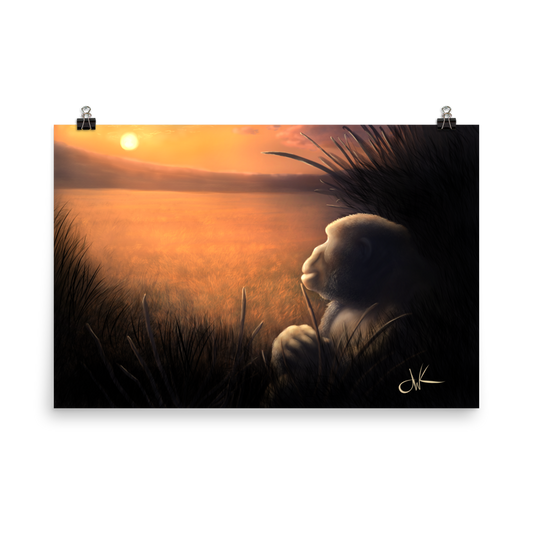 This print of a digital painting was one I worked on over a few livestreams. There’s something about animals in connection with sunrises and sunsets that I feel evokes strong emotions, especially when paired with my favorite animal, a gorilla. These apes have long facial hair and powerful jaws along with cute and sympathetic eyes. This wildlife animal wall art comes on rolled matte paper and is ready to be framed and displayed.