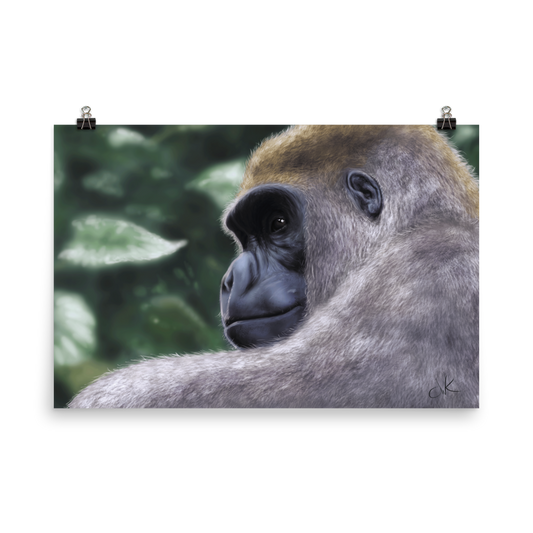 This is a print of a revised digital painting where I started over from scratch. The result is a more realistic gorilla with a pensive gaze.&nbsp;Their human-like qualities make me feel lots of empathy and wonder toward them. They are fascinatingly smart while also full of strength. This digital wildlife animal painting print design is printed on matte paper and comes as rolled wall art ready to be framed and displayed.