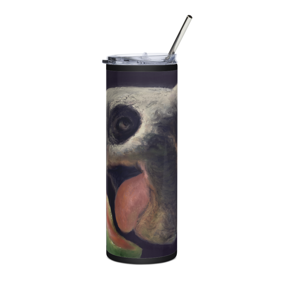 This digital wildlife animal painting print design is of a very cute tortoise munching on a juicy watermelon. These animals have large chubby bodies contained within massive heavy shells along with cute and sympathetic eyes. This digital wildlife animal painting print design is printed on a stainless steel tumbler prefect for enjoying a delicious beverage.