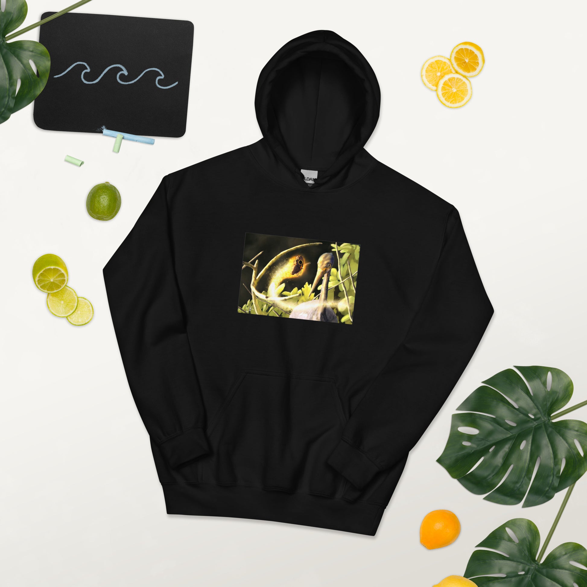 This printed hoodie of a digital painting is the first image in an ongoing series where animals meet special glowing insects face to face. In this particular encounter, a tricolor crane meets a luminescent butterfly. This digital wildlife animal painting print design is printed on a cozy hoodie.