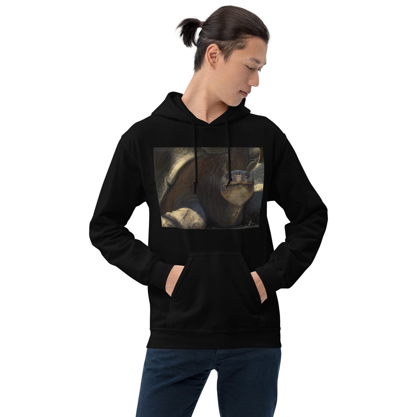 Tortoises are known for being slow, but, in addition, they are also quite friendly. I felt I had to showcase this side of their personality when I digitally painted this printed piece. The smile is subtle, but it still makes me smile in return. This digital wildlife animal painting print design is printed on a cozy hoodie.