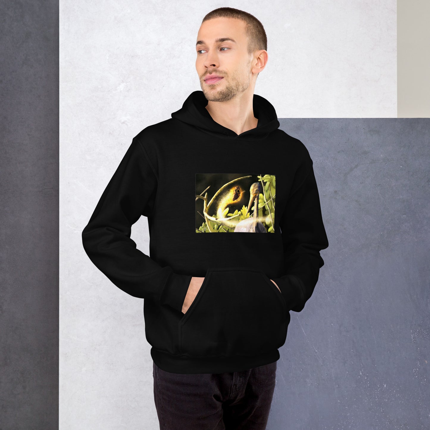 This printed hoodie of a digital painting is the first image in an ongoing series where animals meet special glowing insects face to face. In this particular encounter, a tricolor crane meets a luminescent butterfly. This digital wildlife animal painting print design is printed on a cozy hoodie.