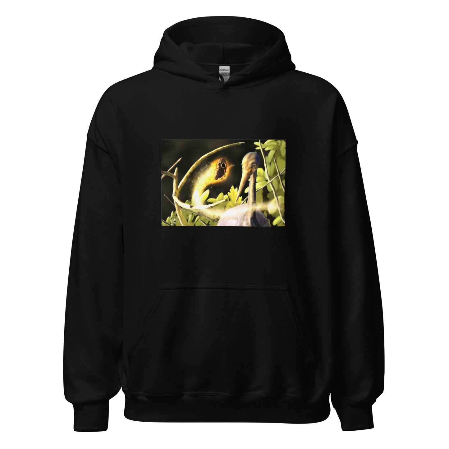 This printed hoodie of a digital painting is the first image in an ongoing series where animals meet special glowing insects face to face. In this particular encounter, a tricolor crane meets a luminescent butterfly. This digital wildlife animal painting print design is printed on a cozy hoodie.