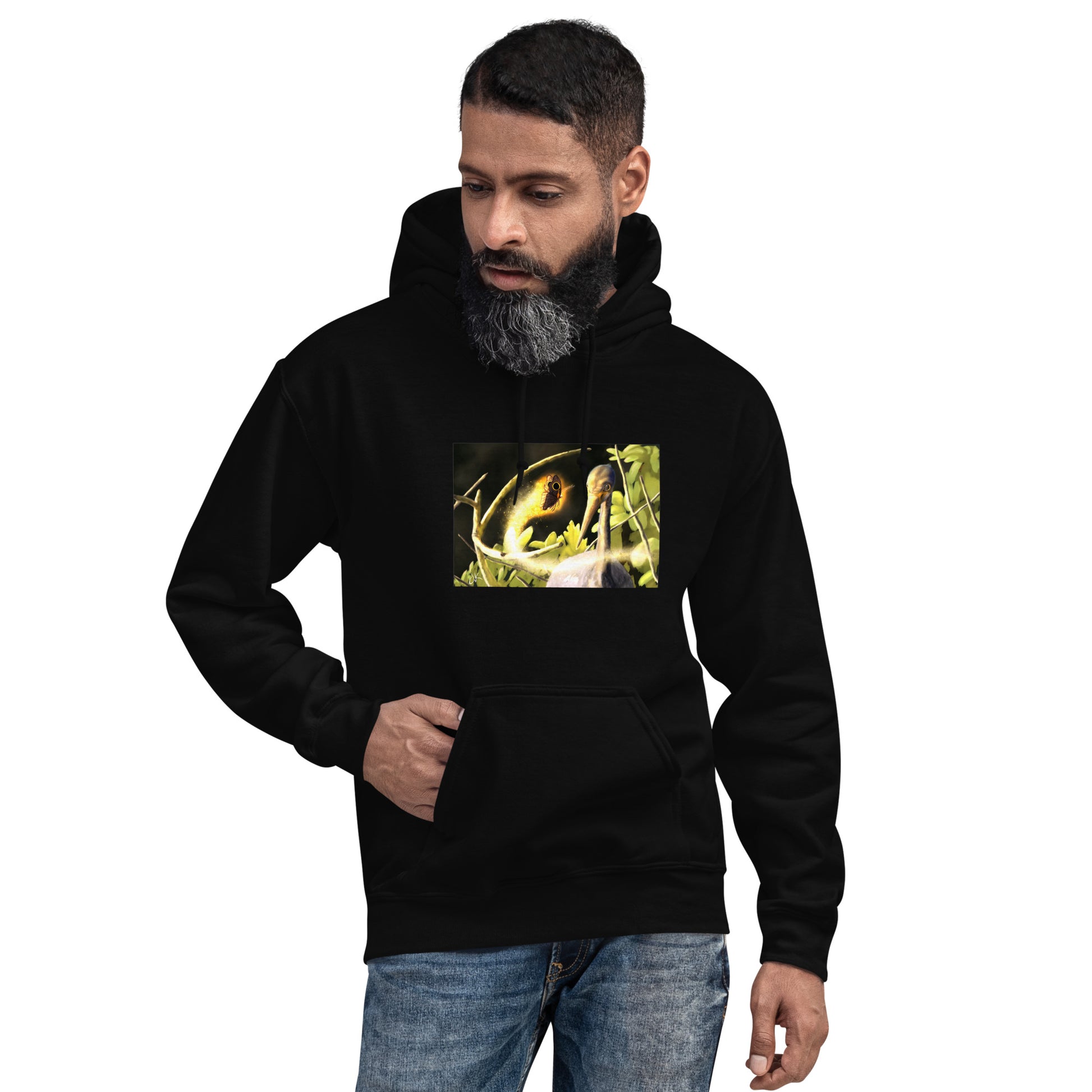 This printed hoodie of a digital painting is the first image in an ongoing series where animals meet special glowing insects face to face. In this particular encounter, a tricolor crane meets a luminescent butterfly. This digital wildlife animal painting print design is printed on a cozy hoodie.