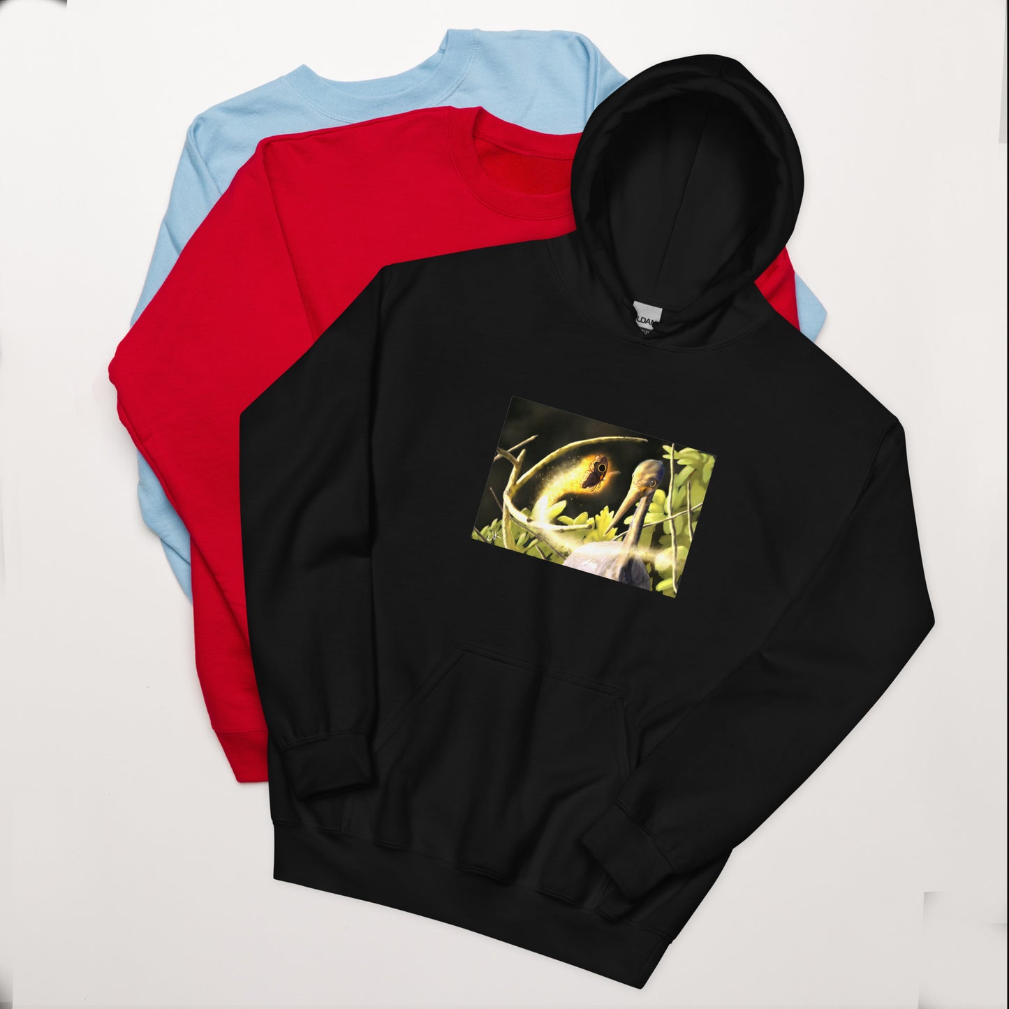 This printed hoodie of a digital painting is the first image in an ongoing series where animals meet special glowing insects face to face. In this particular encounter, a tricolor crane meets a luminescent butterfly. This digital wildlife animal painting print design is printed on a cozy hoodie.