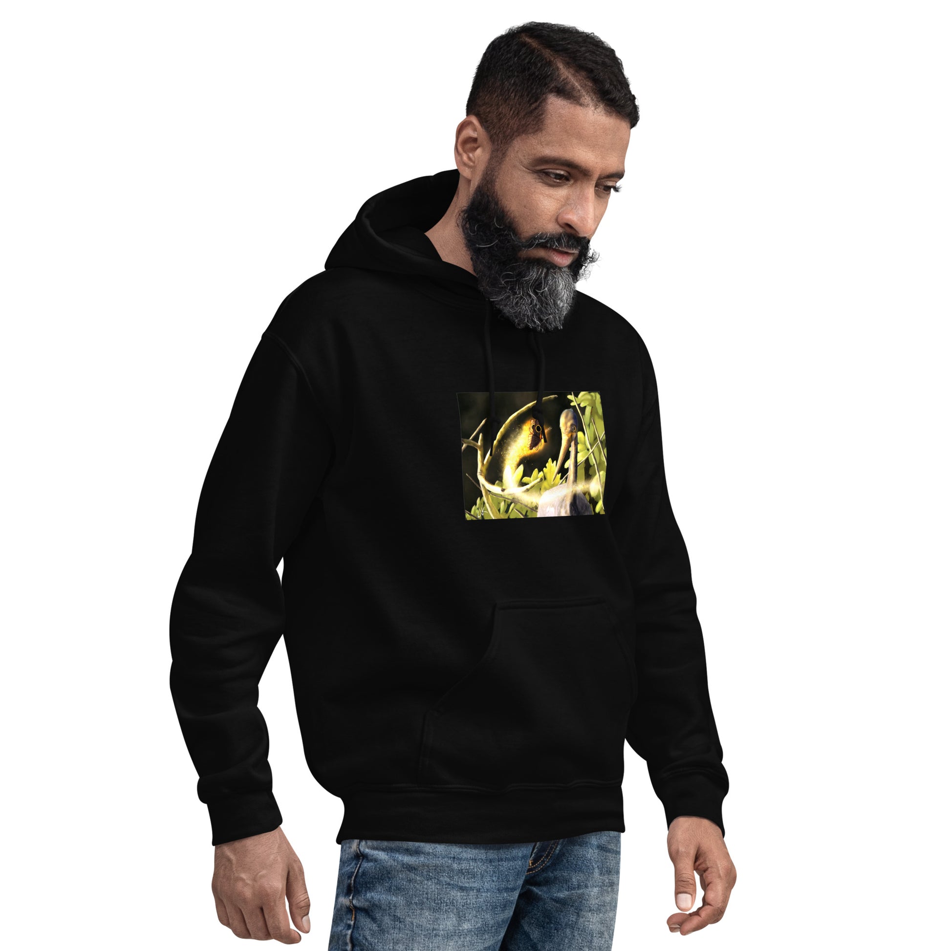 This printed hoodie of a digital painting is the first image in an ongoing series where animals meet special glowing insects face to face. In this particular encounter, a tricolor crane meets a luminescent butterfly. This digital wildlife animal painting print design is printed on a cozy hoodie.