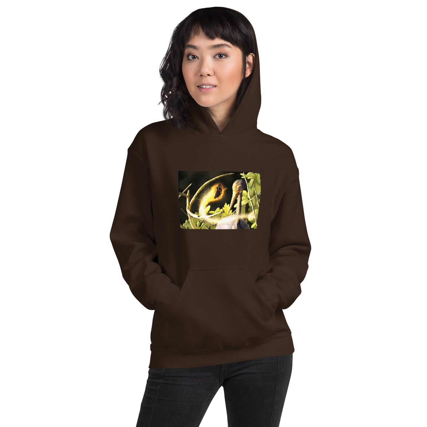 This printed hoodie of a digital painting is the first image in an ongoing series where animals meet special glowing insects face to face. In this particular encounter, a tricolor crane meets a luminescent butterfly. This digital wildlife animal painting print design is printed on a cozy hoodie.