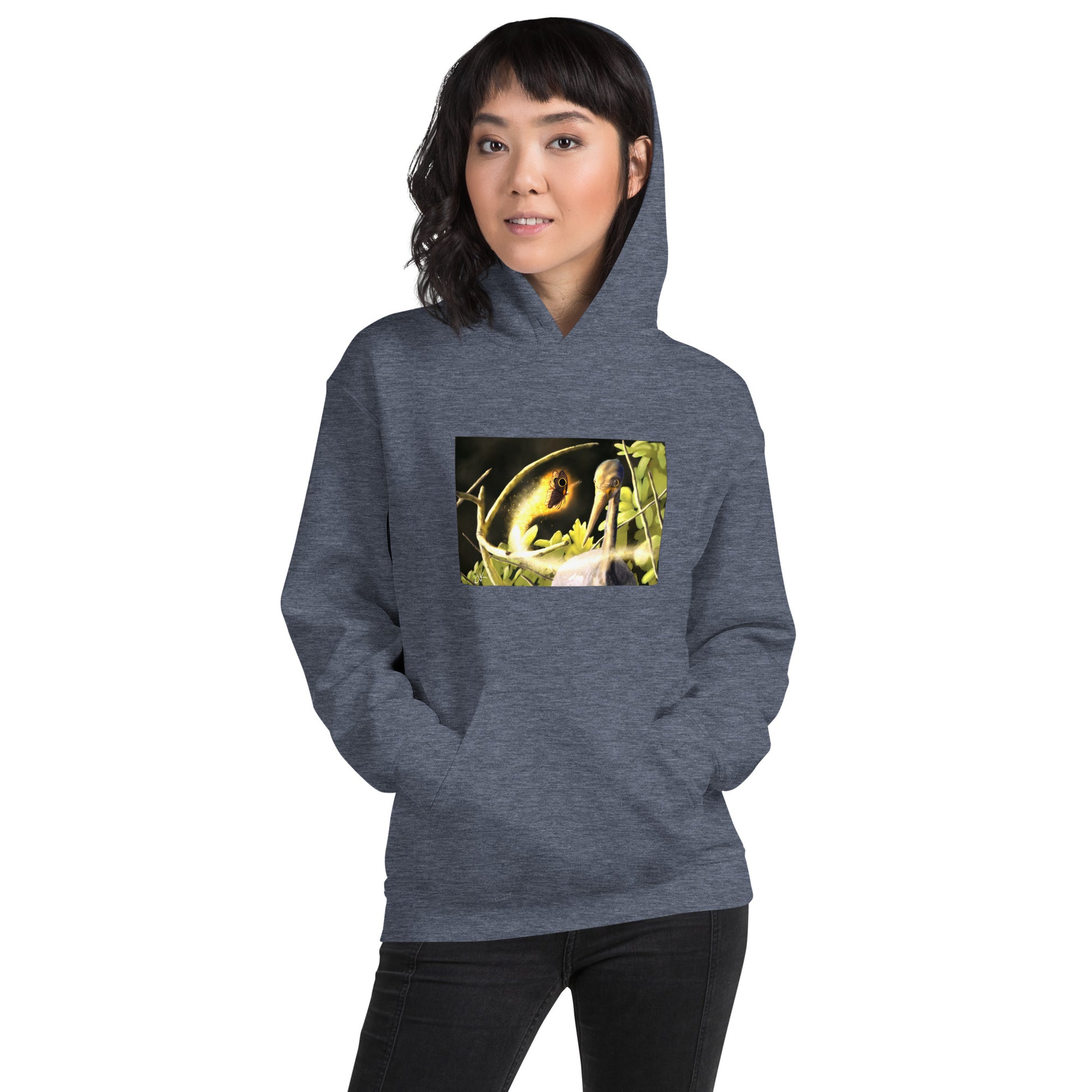 This printed hoodie of a digital painting is the first image in an ongoing series where animals meet special glowing insects face to face. In this particular encounter, a tricolor crane meets a luminescent butterfly. This digital wildlife animal painting print design is printed on a cozy hoodie.