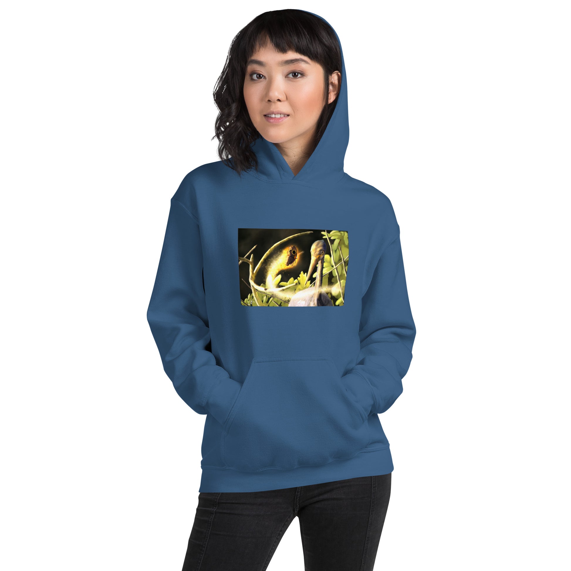 This printed hoodie of a digital painting is the first image in an ongoing series where animals meet special glowing insects face to face. In this particular encounter, a tricolor crane meets a luminescent butterfly. This digital wildlife animal painting print design is printed on a cozy hoodie.