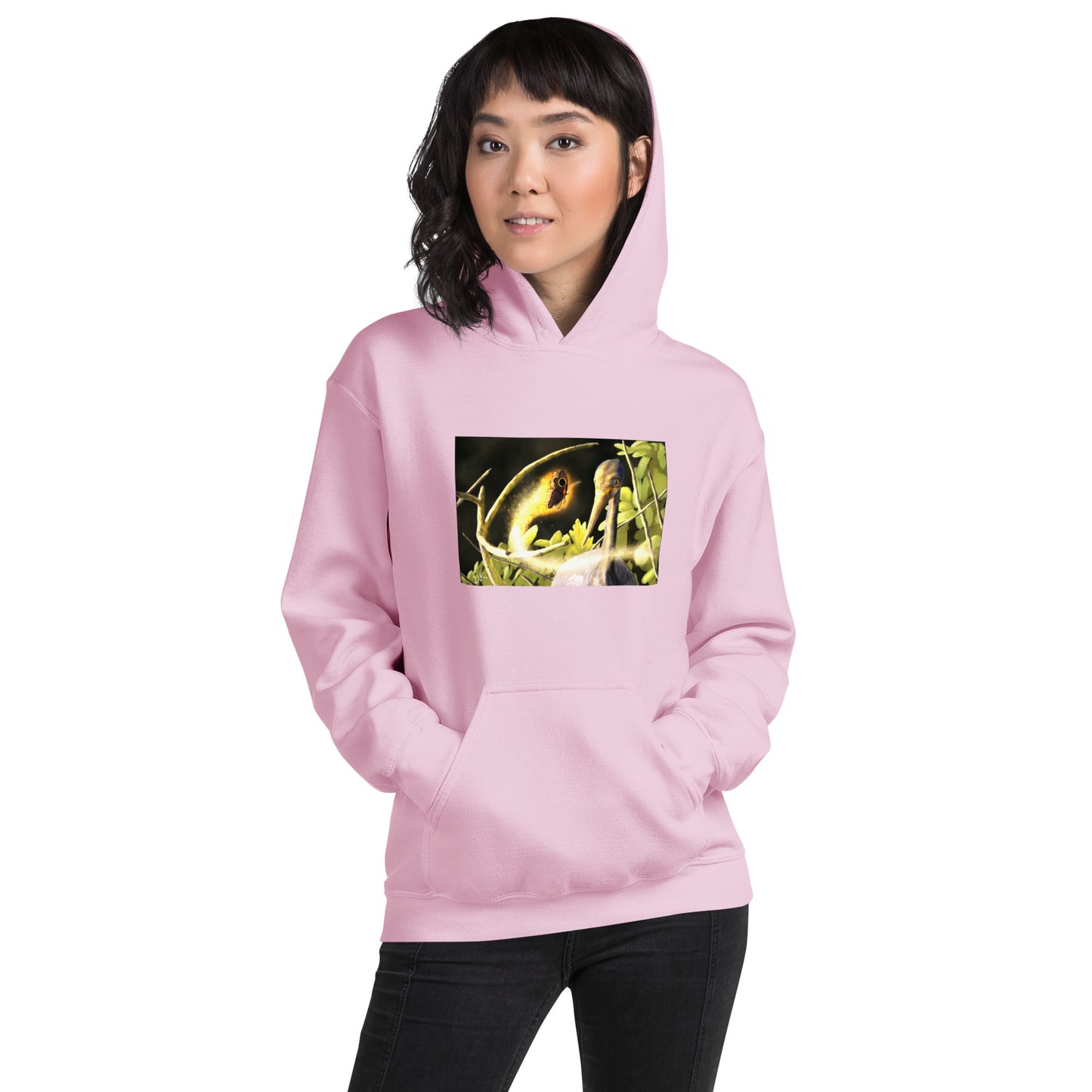 This printed hoodie of a digital painting is the first image in an ongoing series where animals meet special glowing insects face to face. In this particular encounter, a tricolor crane meets a luminescent butterfly. This digital wildlife animal painting print design is printed on a cozy hoodie.