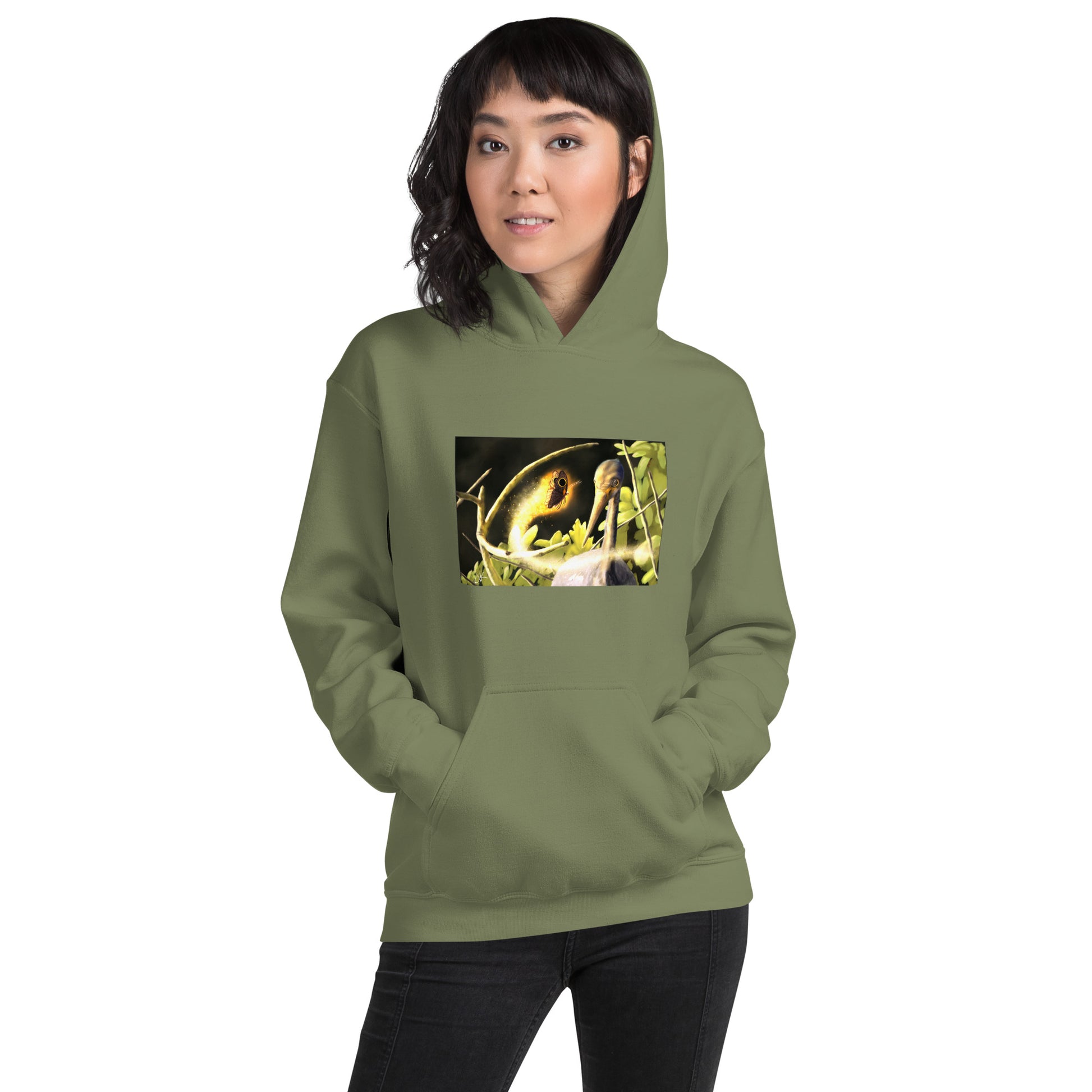 This printed hoodie of a digital painting is the first image in an ongoing series where animals meet special glowing insects face to face. In this particular encounter, a tricolor crane meets a luminescent butterfly. This digital wildlife animal painting print design is printed on a cozy hoodie.