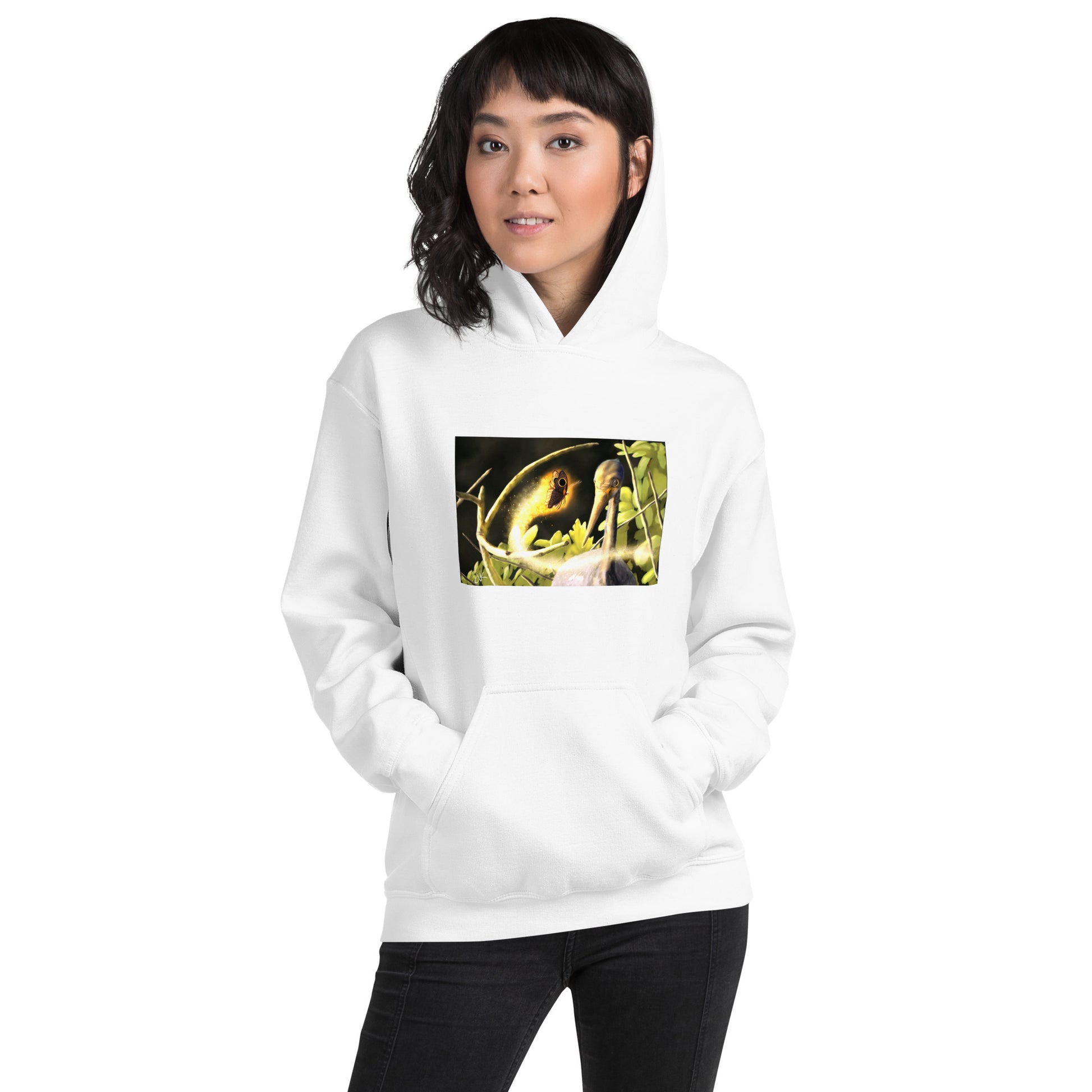 This printed hoodie of a digital painting is the first image in an ongoing series where animals meet special glowing insects face to face. In this particular encounter, a tricolor crane meets a luminescent butterfly. This digital wildlife animal painting print design is printed on a cozy hoodie.