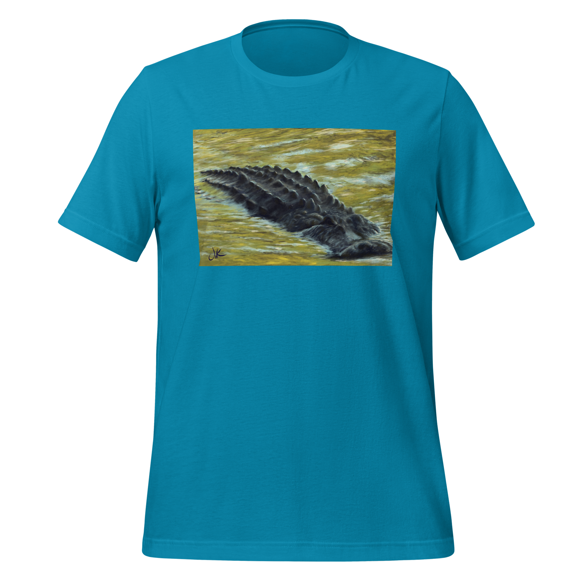 Inspired by the numerous inhabitants of my state, Florida, this print of a digital painting showcases a gator as it floats through the reflective water of an afternoon in the fall when all the leaves are changing color. These reptiles have long snouts and powerful jaws along with dark chilling eyes. This design comes on a very cozy t-shirt.