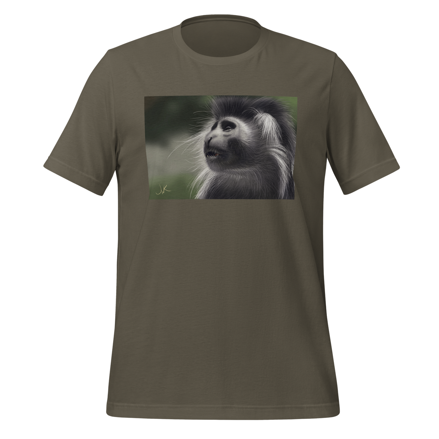 This is a print of a digital painting featuring an Angolan Colobus Monkey. This long-haired monkey can be found in the Congo and Angola. These cute monkeys have long facial hair and slanted noses along with cute and sympathetic eyes. This design comes printed on a cozy t-shirt.