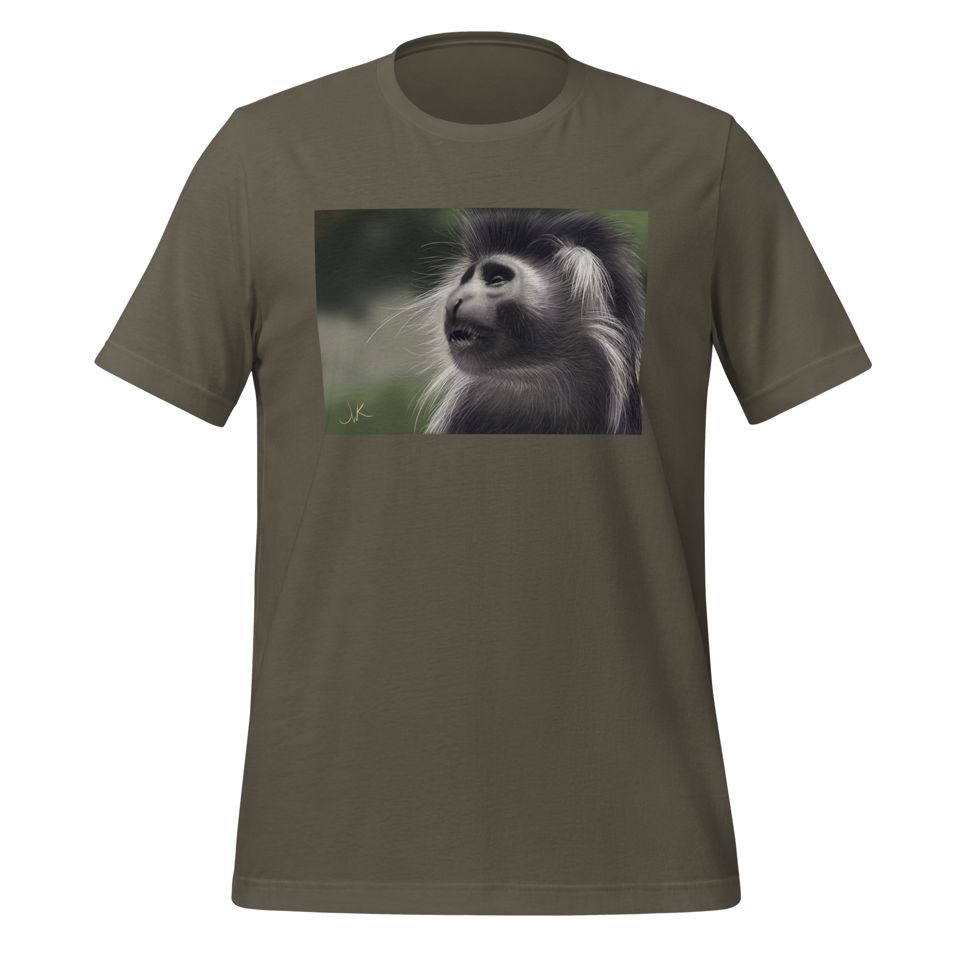 This is a print of a digital painting featuring an Angolan Colobus Monkey. This long-haired monkey can be found in the Congo and Angola. These cute monkeys have long facial hair and slanted noses along with cute and sympathetic eyes. This design comes printed on a cozy t-shirt.