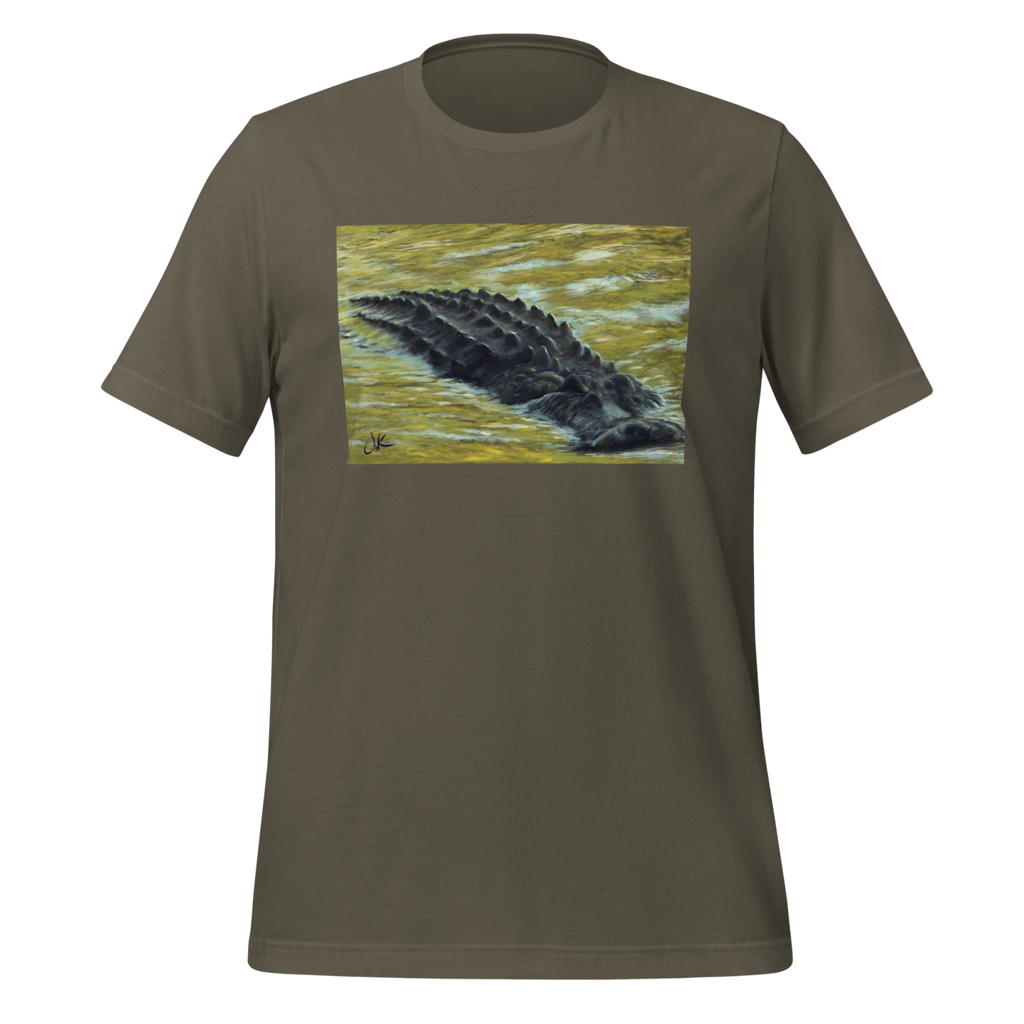 Inspired by the numerous inhabitants of my state, Florida, this print of a digital painting showcases a gator as it floats through the reflective water of an afternoon in the fall when all the leaves are changing color. These reptiles have long snouts and powerful jaws along with dark chilling eyes. This design comes on a very cozy t-shirt.