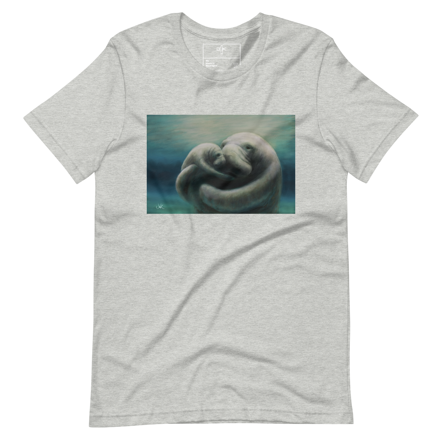 In this print of a digital painting, I tried to capture my love for manatees by showcasing a mother and her calf snuggling. Manatees are natural inhabitants of my state, Florida, especially during the winter months when the warmth of the springs draws them in. This digital wildlife animal painting design is printed on a cozy t-shirt.