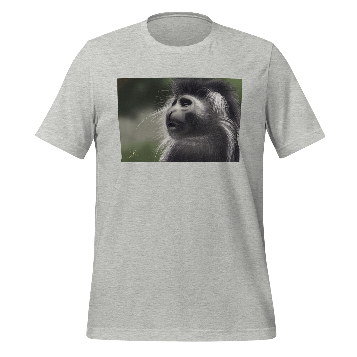 This is a print of a digital painting featuring an Angolan Colobus Monkey. This long-haired monkey can be found in the Congo and Angola. These cute monkeys have long facial hair and slanted noses along with cute and sympathetic eyes. This design comes printed on a cozy t-shirt.