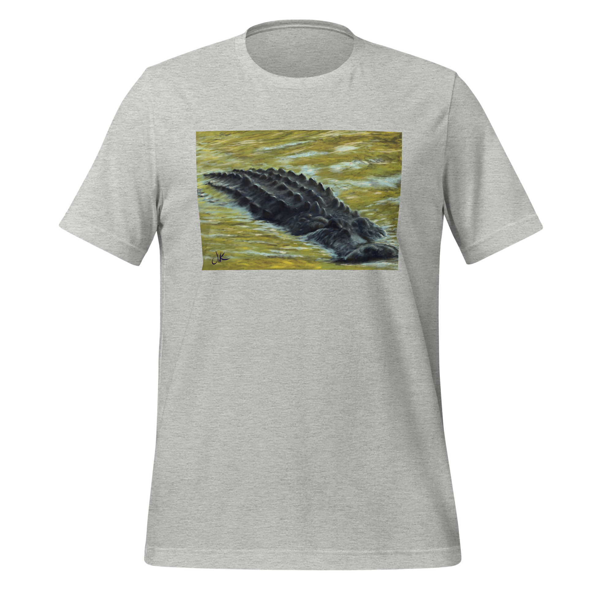 Inspired by the numerous inhabitants of my state, Florida, this print of a digital painting showcases a gator as it floats through the reflective water of an afternoon in the fall when all the leaves are changing color. These reptiles have long snouts and powerful jaws along with dark chilling eyes. This design comes on a very cozy t-shirt.